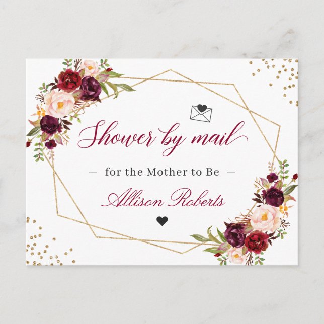 Shower By Mail Gold Geometric Burgundy Red Floral Postcard (Front)