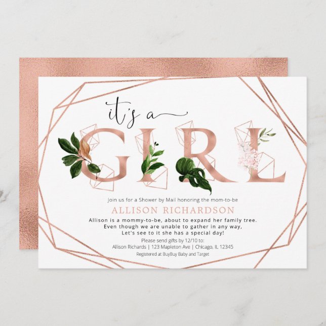 Shower by Mail It's a Girl rose gold greenery Invitation (Front/Back)