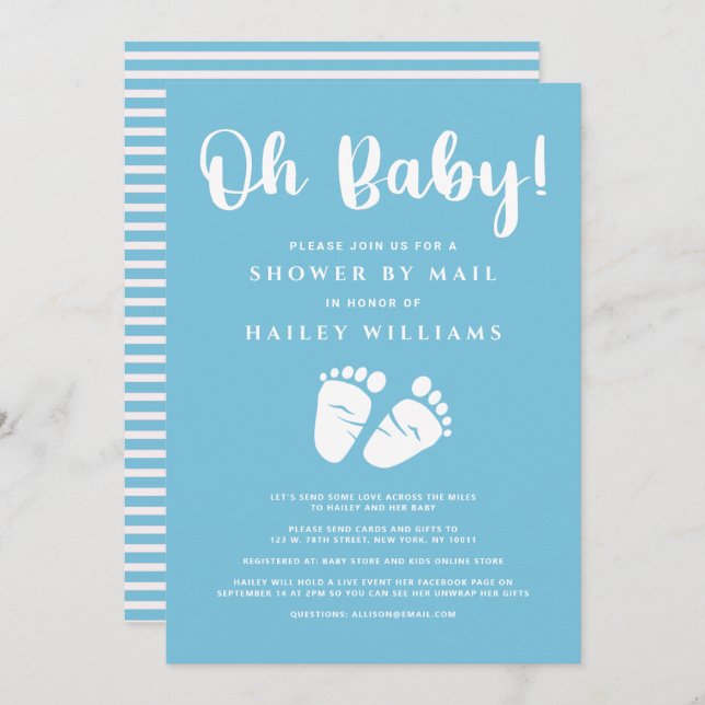 Shower by Mail Oh Baby Boy Feet Blue White Invitation (Front/Back)