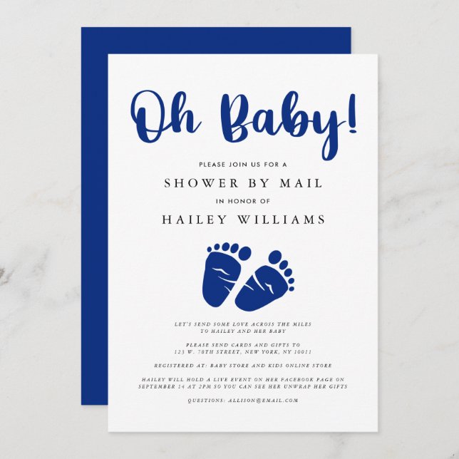 Shower by Mail | Oh Baby Navy Blue Feet Invitation (Front/Back)