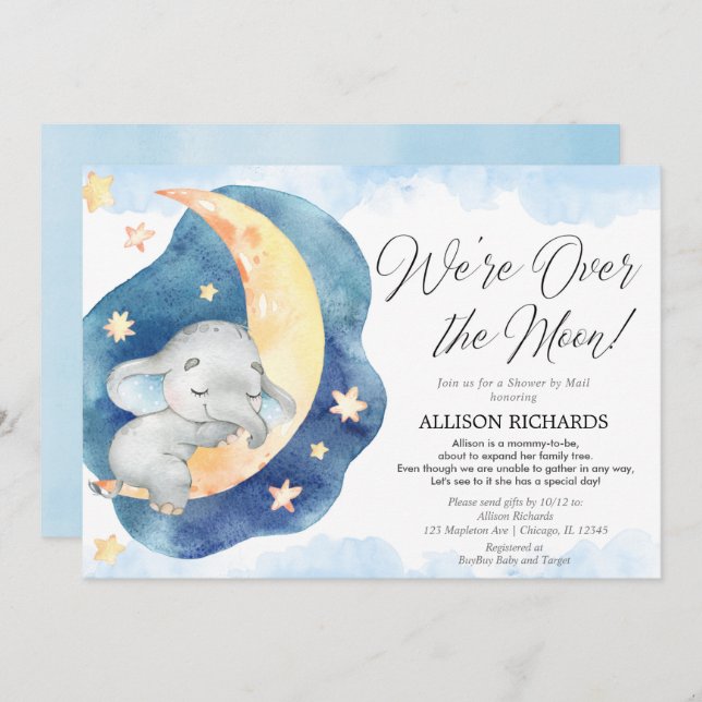 Shower by Mail over the moon elephant baby shower Invitation (Front/Back)