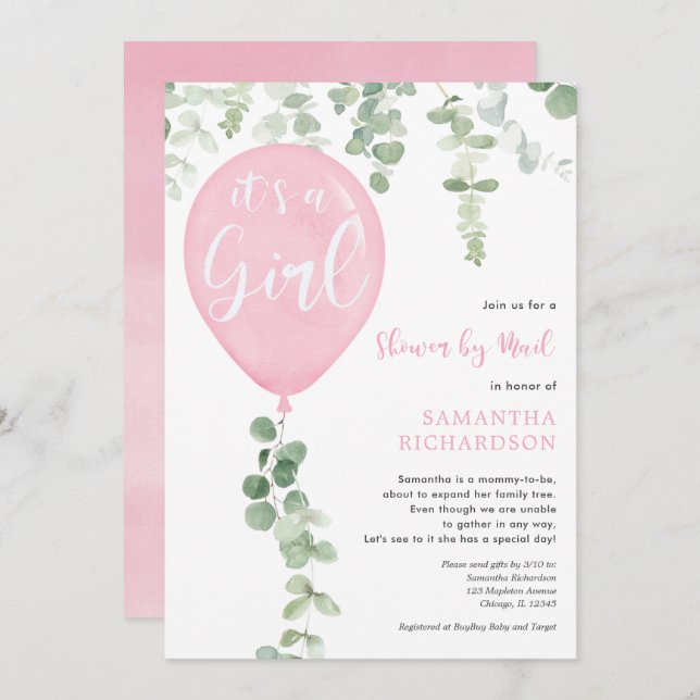Shower by mail pink balloon eucalyptus baby shower invitation (Front/Back)