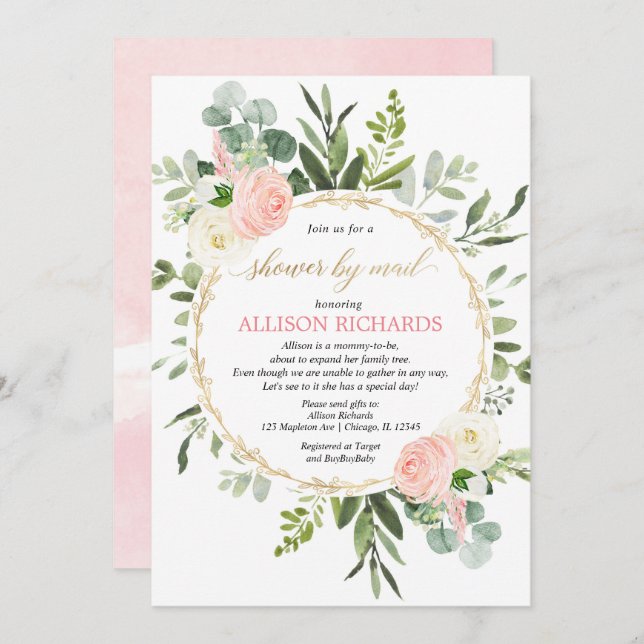 Shower by mail pink gold greenery baby shower invitation (Front/Back)