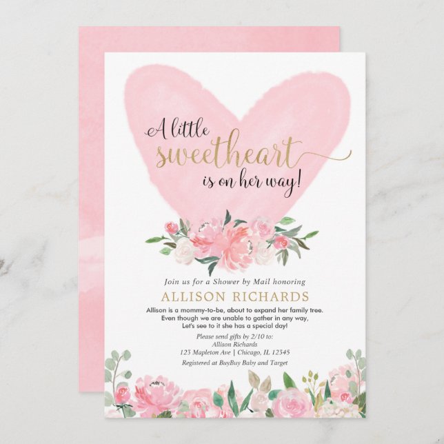 Shower by mail pink gold Valentines Day girl baby Invitation (Front/Back)