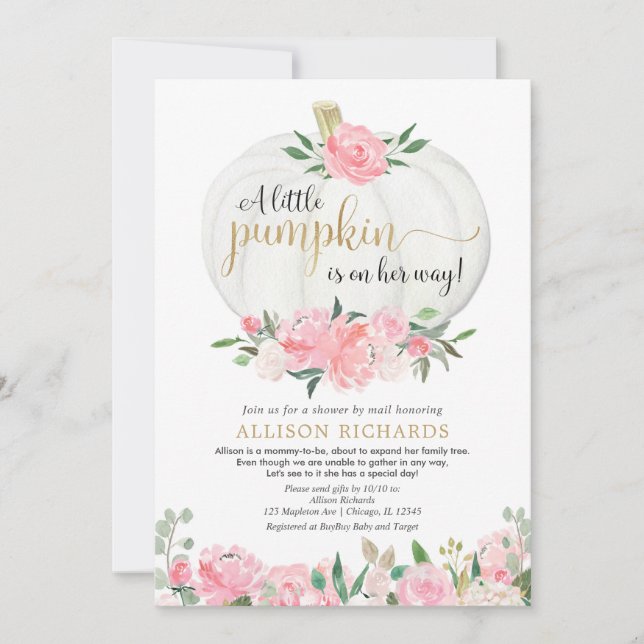 Shower by mail pink gold white pumpkin girl baby invitation (Front)