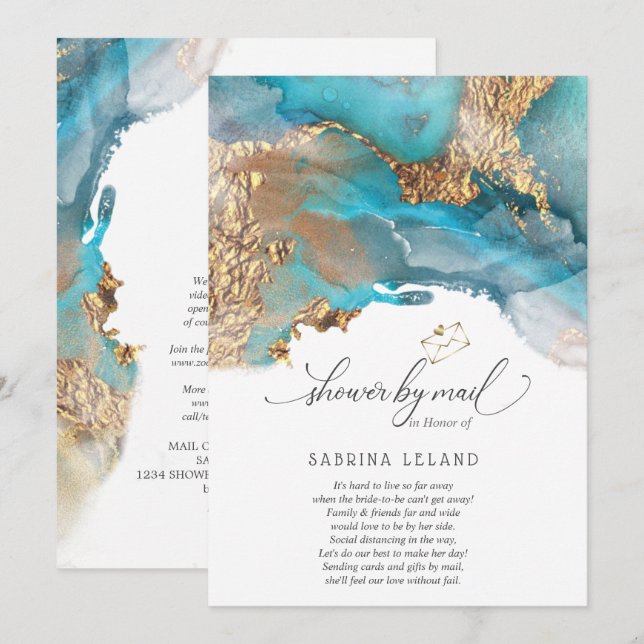Shower by Mail Teal and Gold Marbled Alcohol Ink Invitation (Front/Back)