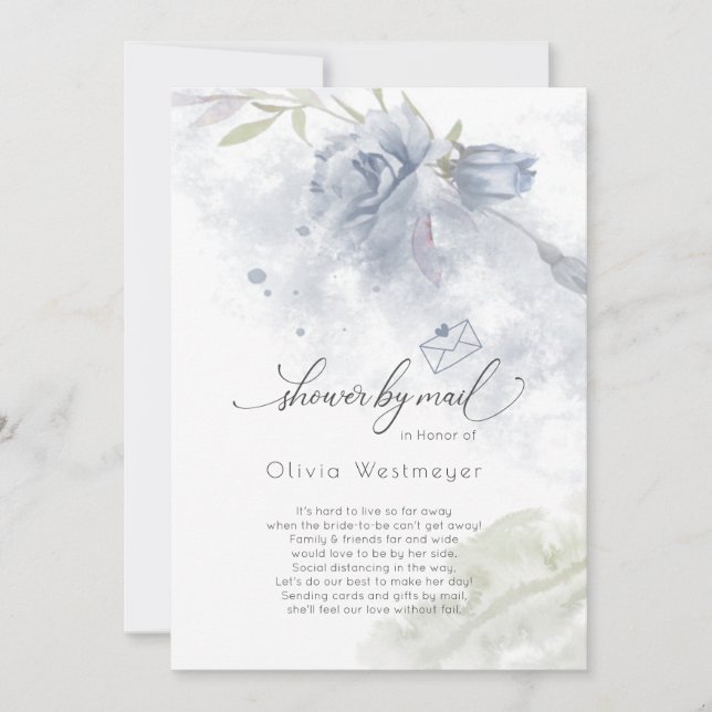 Shower by Mail Watercolor Dusty Blue Rose Flowers Invitation (Front)