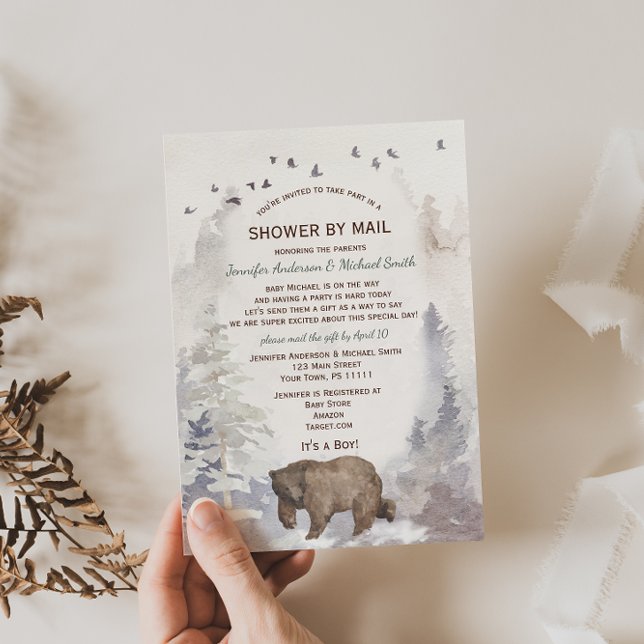 Shower by Mail WatercolorForest Woodland Bear Baby Invitation (Creator Uploaded)