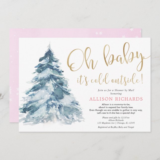 Shower by mail winter pink gold girl baby shower invitation (Front/Back)
