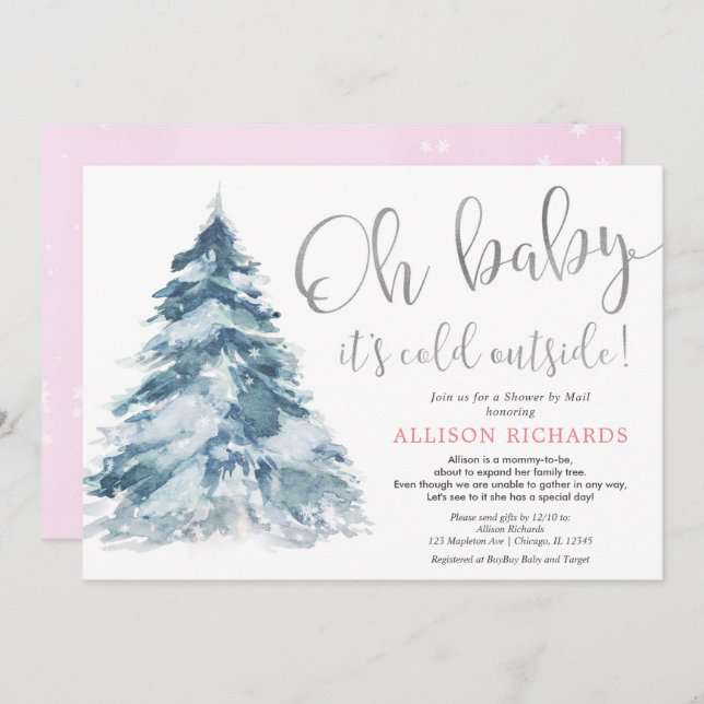 Shower by mail winter pink silver girl baby shower invitation (Front/Back)
