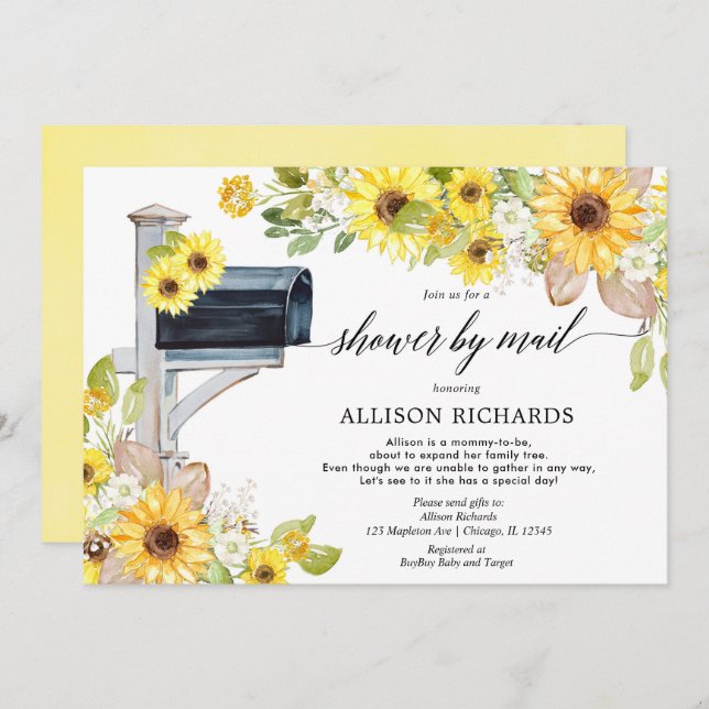 Shower by mail yellow sunflowers green baby shower invitation (Front/Back)
