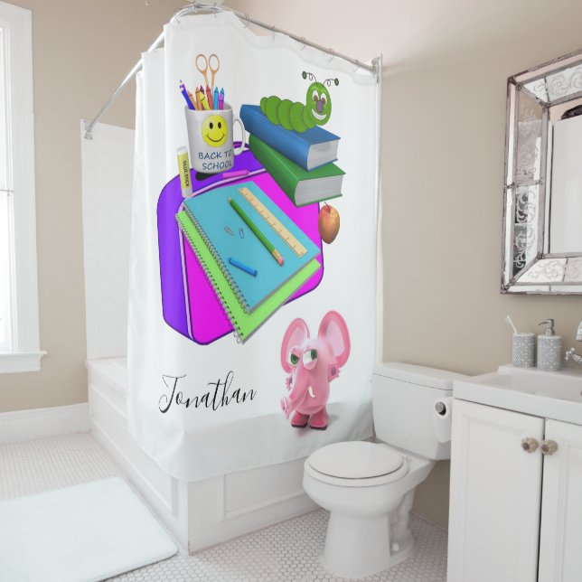 Shower Curtain Back to School Pink Pig Worm (In Situ)