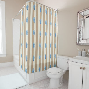 Shower Curtain Beige Stripe Blue Leaves