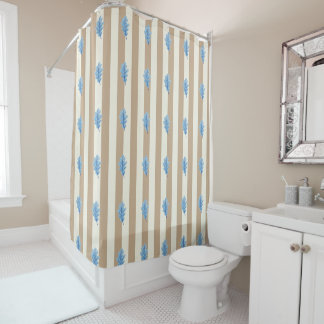 Shower Curtain Beige Stripe Blue Leaves