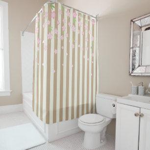 Shower Curtain Beige Stripe Pink Flowers
