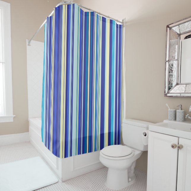 Shower Curtain Blue and White Stripes (In Situ)