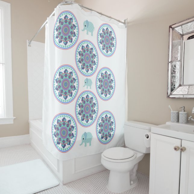 Shower Curtain Blue Elephant Mandala (In Situ)