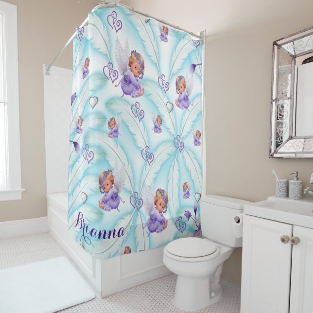Shower Curtain Blue Purple Baby Angels Feathers (In Situ)