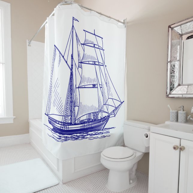 Shower curtain Blue sail boat ship nautical (In Situ)