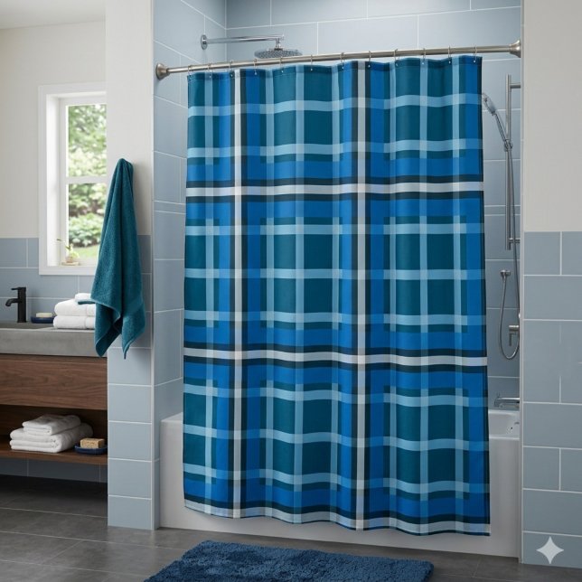 Shower Curtain Blue Tartan Plaid Check Pattern (Creator Uploaded)