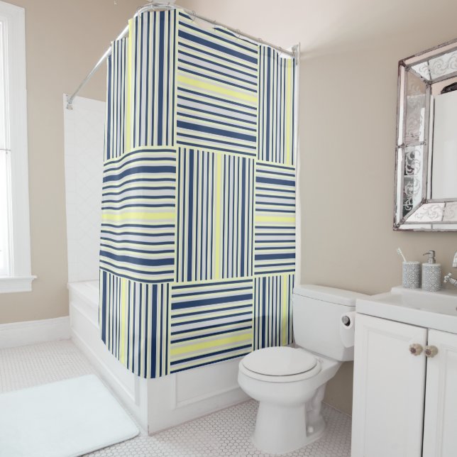 Shower Curtain Blue Yellow White Stripes (In Situ)