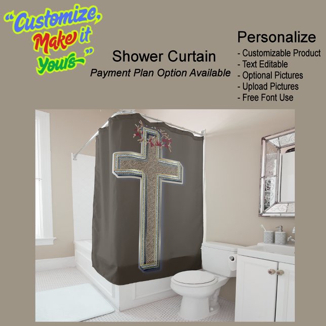 Shower Curtain Brown Background (Cross Biblical Shower Curtain Featuring a Brown Background.)