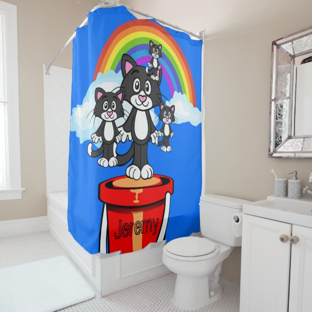 Shower Curtain Cats Rainbow Clouds (In Situ)