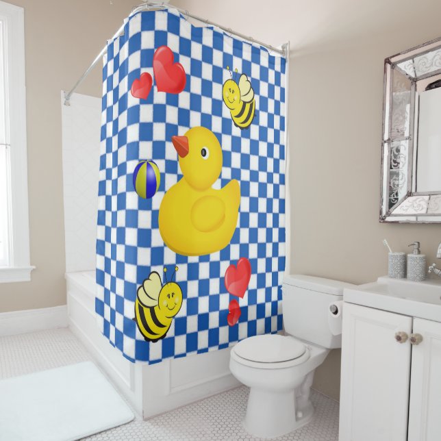 Shower Curtain, Chequered blue white yellow duck Shower Curtain (In Situ)