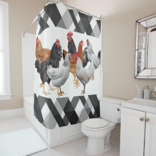 Shower Curtain Chicken Black Grey
