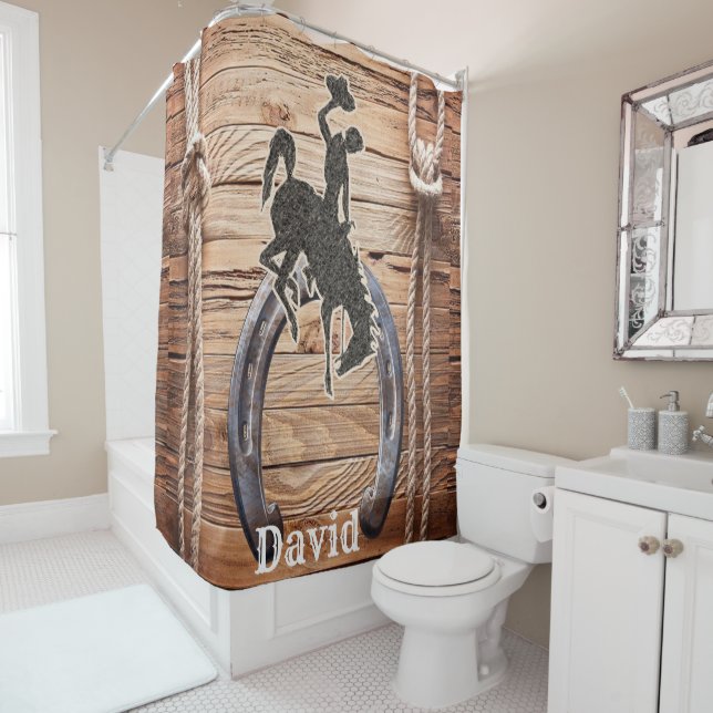 Shower Curtain Country Cowboy Wood Rope Horse Shoe (In Situ)