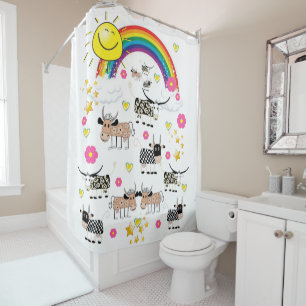Shower Curtain Cows Sun Rainbows Flowers Floral