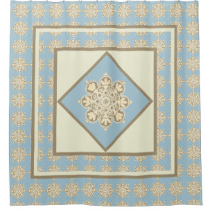 Shower Curtain cream medallions on sky blue
