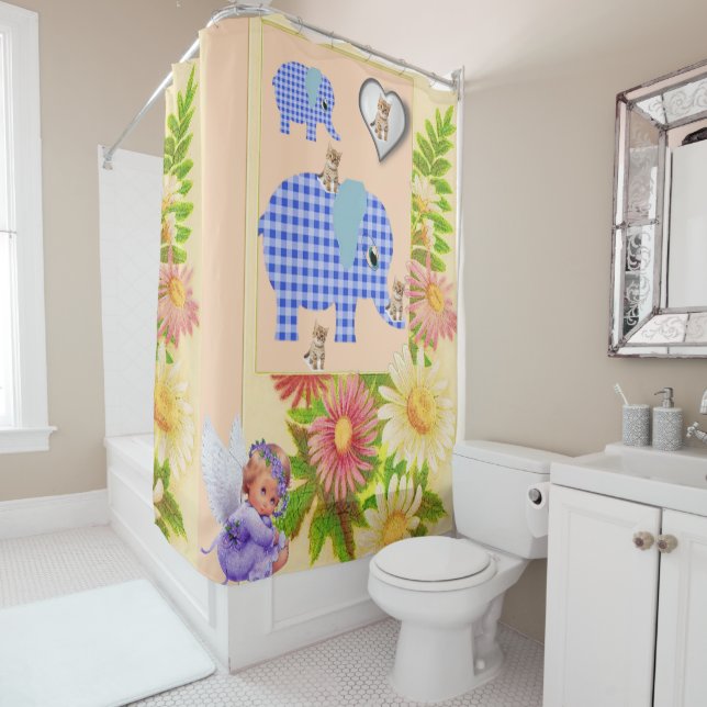 Shower Curtain Floral Elephant Angel (In Situ)