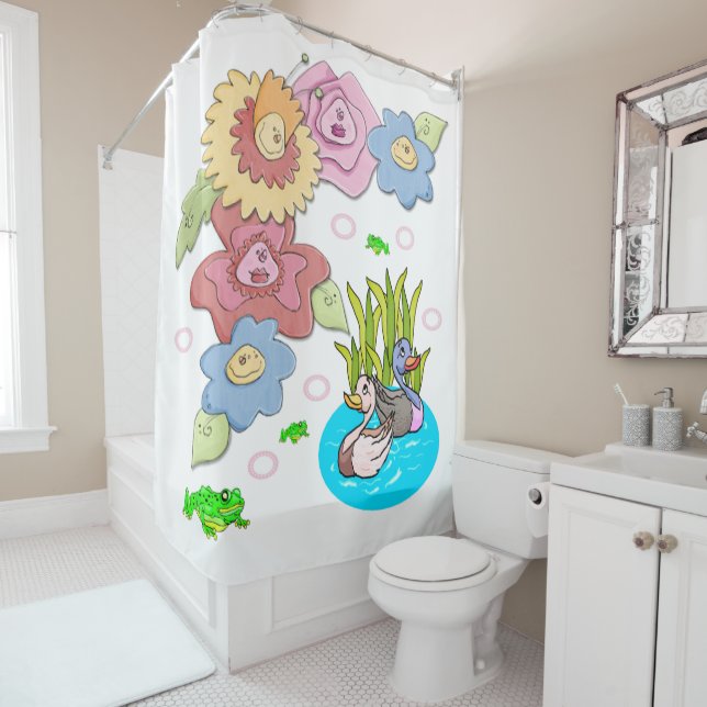 Shower Curtain Floral Frog Ducks Pond (In Situ)