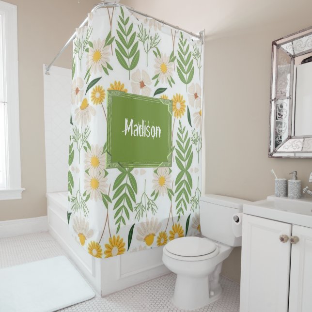 Shower Curtain Floral Green Monogram (In Situ)