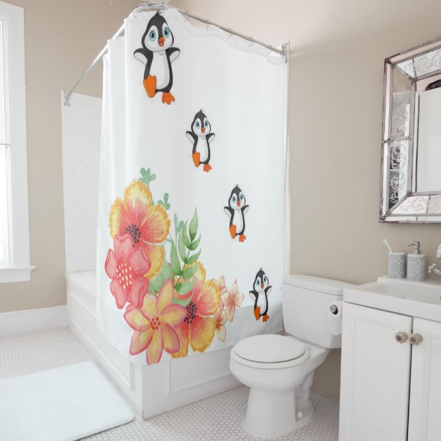 Shower Curtain Floral Penguin White (In Situ)