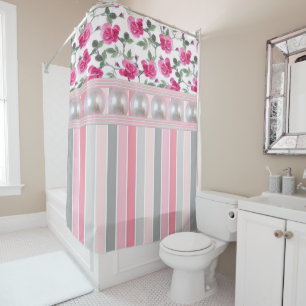 Shower Curtain Floral Pink Stripes