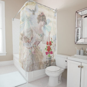 Shower Curtain Floral Victorian White Doves