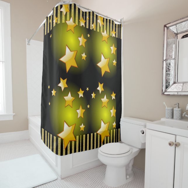 Shower Curtain Gold and Black Stars Stripe (In Situ)