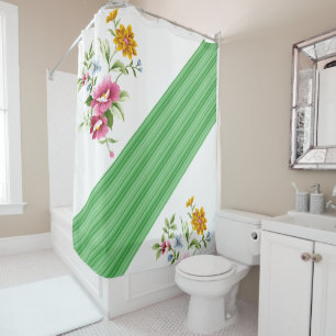 Shower Curtain Green Stripe Floral