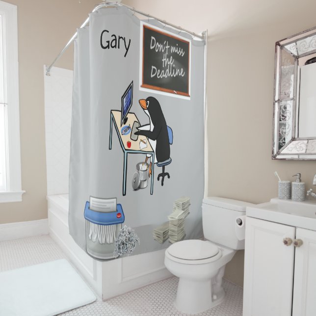 Shower Curtain Grey Penguin Don't Miss Deadline (In Situ)