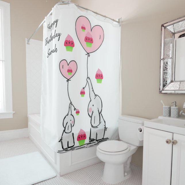 Shower Curtain happy Birthday Elephant (In Situ)