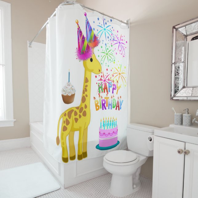 Shower Curtain Happy Birthday Giraffe (In Situ)