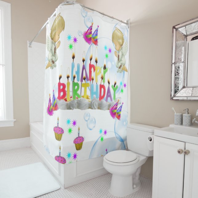 Shower Curtain Happy Birthday Twin Angels (In Situ)