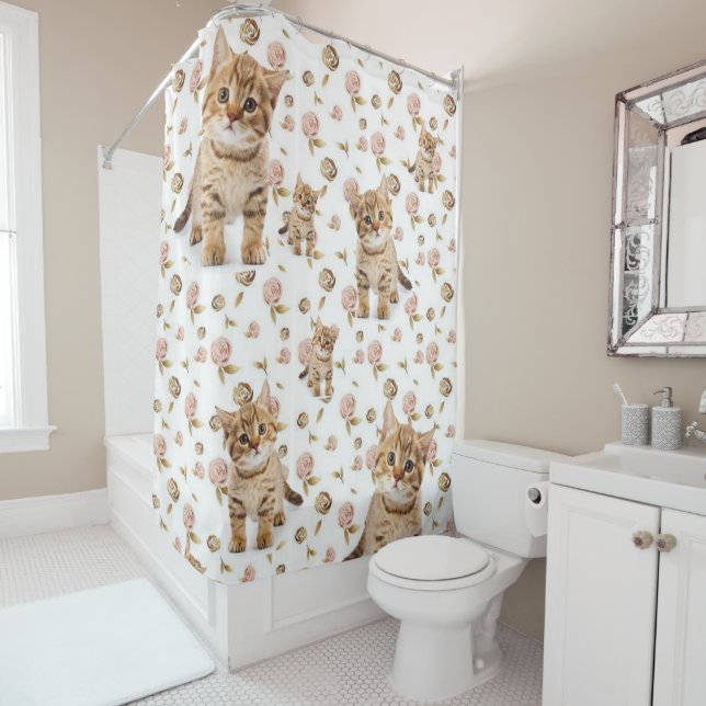 Shower Curtain Kittens Floral (In Situ)
