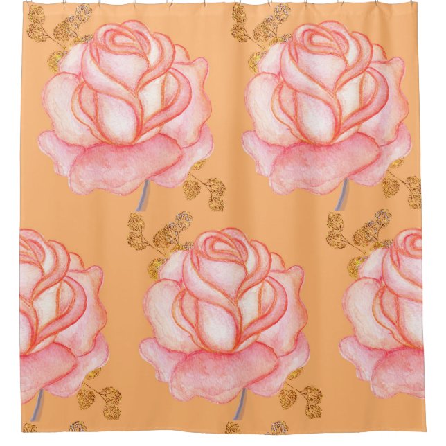 Shower Curtain Large Pink Roses Faux Gold Leaves (Front)