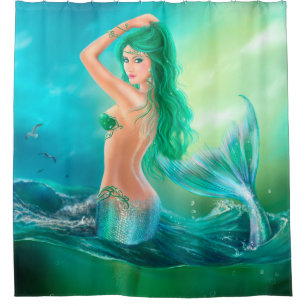 Shower Curtain, mermaid fantasy at ocean on waves Curtain