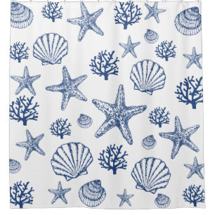 Shower Curtain Navy Blue Seashell Pattern 