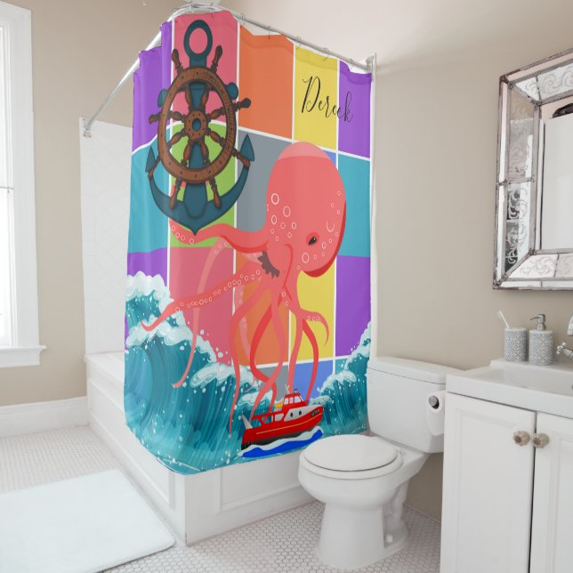 Shower Curtain Octopus Beach Waves Coloured Blocks (In Situ)