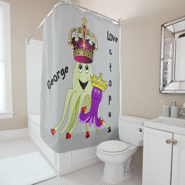 Shower Curtain Octopus King Queen Red Hearts (In Situ)